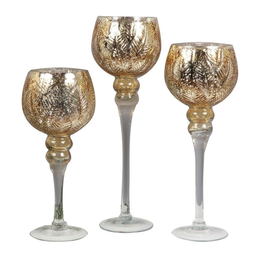 Set of 3 Large Gold Glass Goblet Style Candle Holders Luxury Table Centerpiece