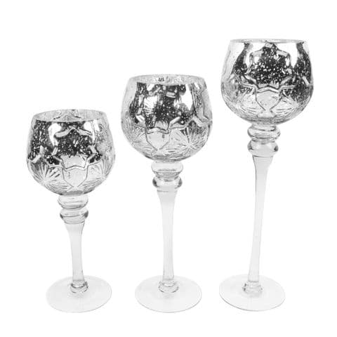 Set of 3 Luxury Goblet Style Candle Holders With Silver Mercury Glass Finish