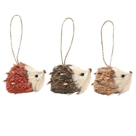 Set Of 3 Natural Handmade Hedgehogs Hanging Decorations