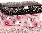 Set Of 3 Pretty Decorative Storage Boxes - Black and Pink Vintage Floral Design Home Office Storage