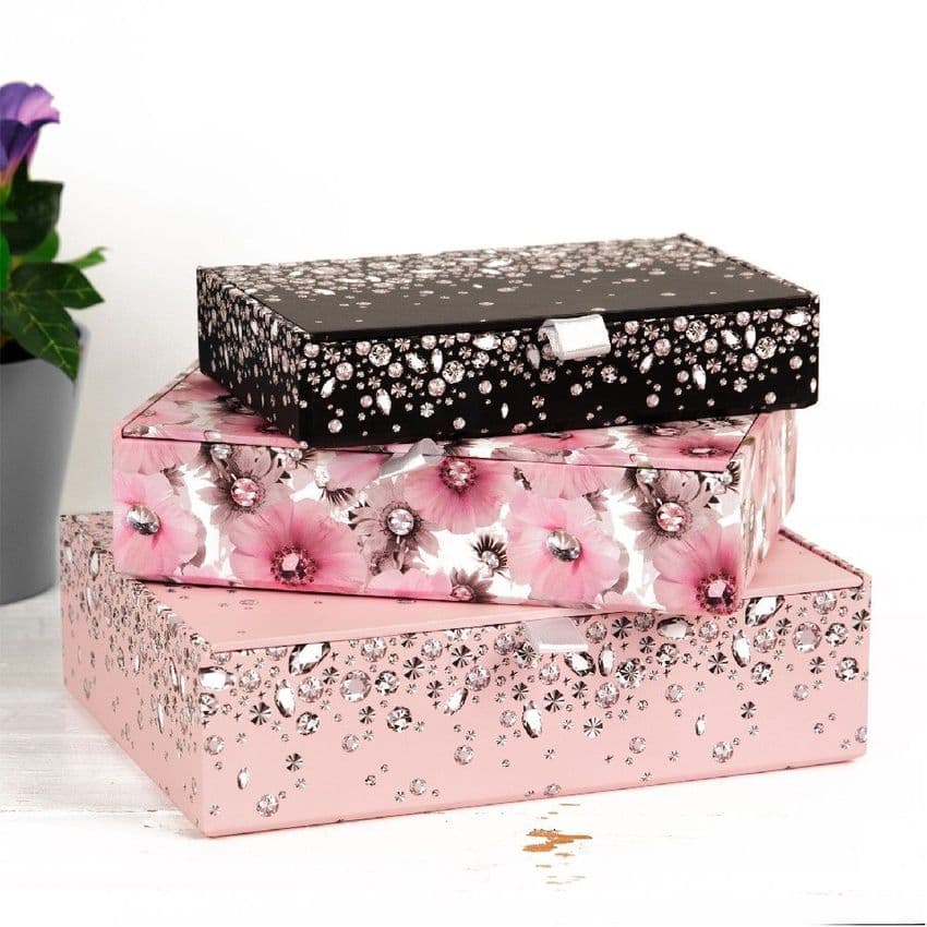 Set Of 3 Pretty Decorative Storage Boxes - Black and Pink Vintage Floral Design Home Office Storage