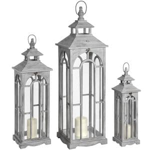 Set Of 3 Tall Grey Wooden Luxury Arched Window Lanterns