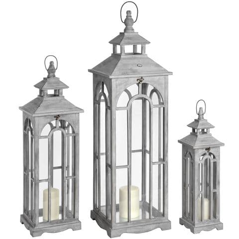 Set Of 3 Tall Grey Wooden Luxury Arched Window Lanterns