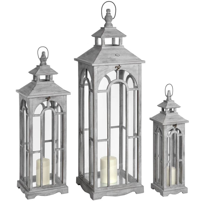 Set Of 3 Extra large Tall Grey Rustic Wooden Luxury Lanterns Romantic fairytale arched window design