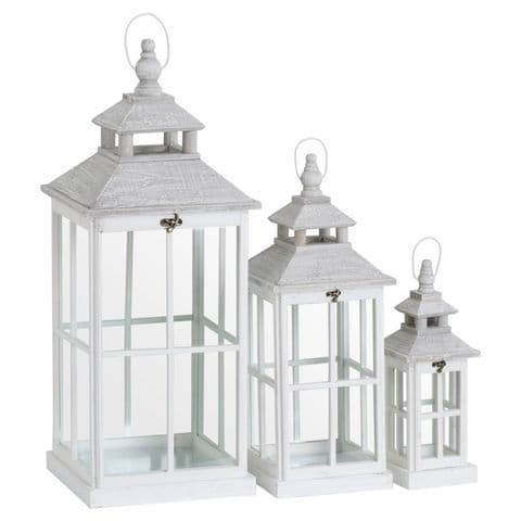 Set Of 3 White Wooden Luxury Lanterns With Cross Design