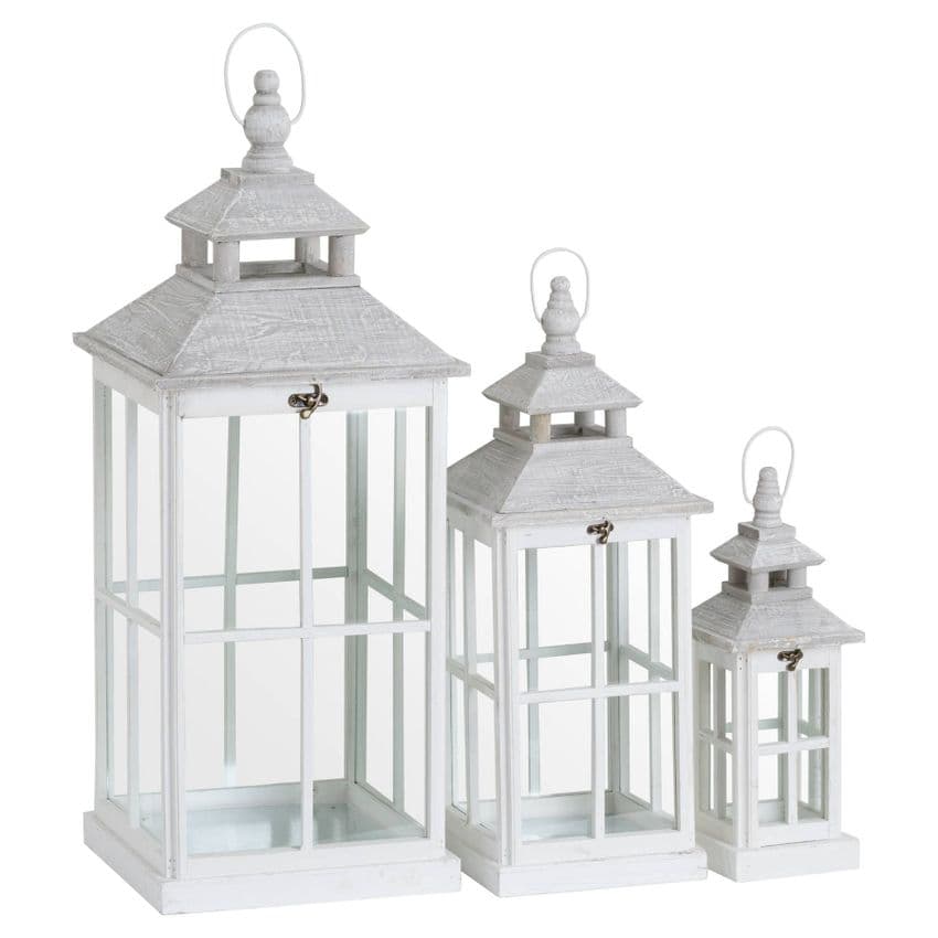 Set Of 3 Extra large White Rustic Wooden Luxury Lanterns With Cross Design glass windows