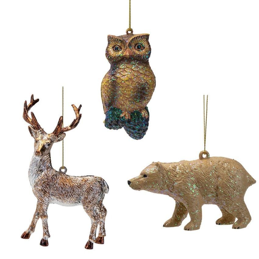Set Of 3 Woodland Animal Christmas Decorations - Reindeer, Owl and Bear hanging tree ornaments by Posh Bananas Gifts UK