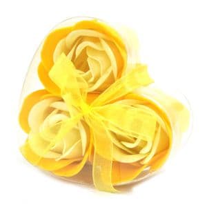 Set of 3 Yellow Rose Soaps Flower Table Gift Wedding Favor in Heart Shape Box