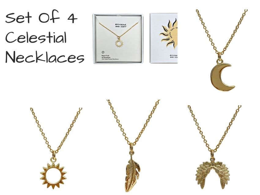 Set Of 4 22K Gold Plated Celestial Necklaces including moon, sun, angel wings and feather necklace gifts