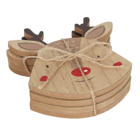 Set Of 4 Reindeer Design Wooden Christmas Coasters