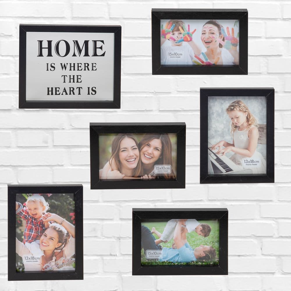 Set of 6 Black Wooden Photo Frames For Home Gallery with glass wall plaque