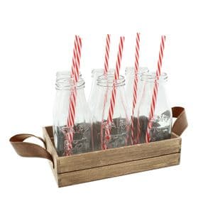 Set Of 6 Mini Milk Bottle Drinking Glasses With Red & White Straws On Wooden Tray