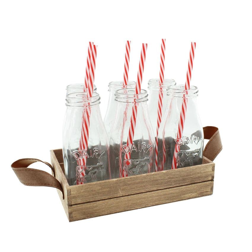 Set Of 6 Mini Milk Bottle Drinking Glasses With Red & White Straws On Wooden Tray