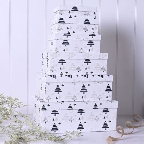 Set Of 6 Stackable Christmas Gift Storage Boxes - White Grey Woodland Design