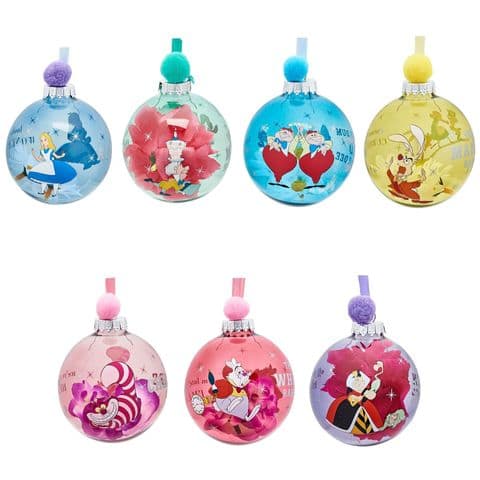 Set Of 7 Alice In Wonderland Christmas Baubles