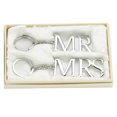 Set of Mr and Mrs Silver Plate Keyrings In Presentation Box - Wedding Present For Bride and Groom