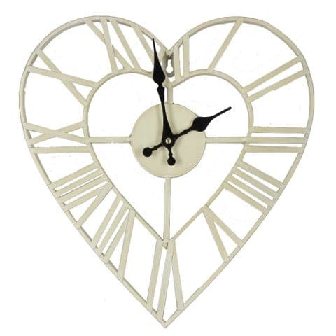 Shabby Chic Cream Metal Heart Shaped Wall Clock 36 cm x 34 cm