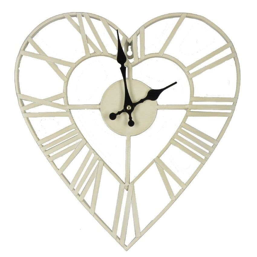 Shabby Chic Cream Metal Heart Shaped Wall Clock 36 cm x 34 cm