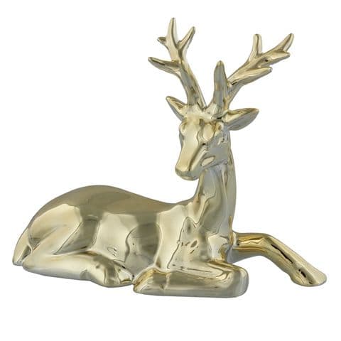 Shiny Metallic Gold Reindeer Christmas Ornament - Stag Laying down Christmas decoration