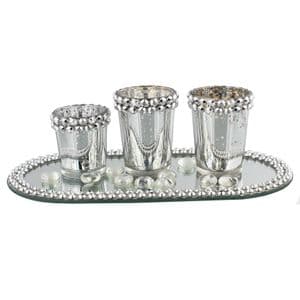 Silver and Diamante Glass Candle Holder Jars On Mirrored Tray - Christmas Candle Centrepeice