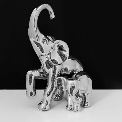 Silver Finish Elephant and calf ornament contemporary sculpture home decor