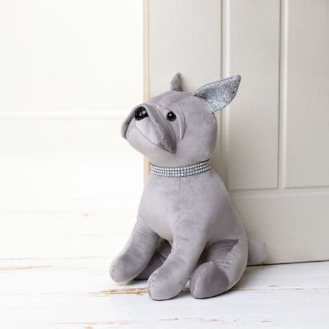 Silver Grey Bulldog Doorstop With Diamante Collar