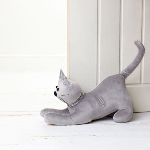 Silver Grey Cat Doorstop With Diamante Collar and glitter ears