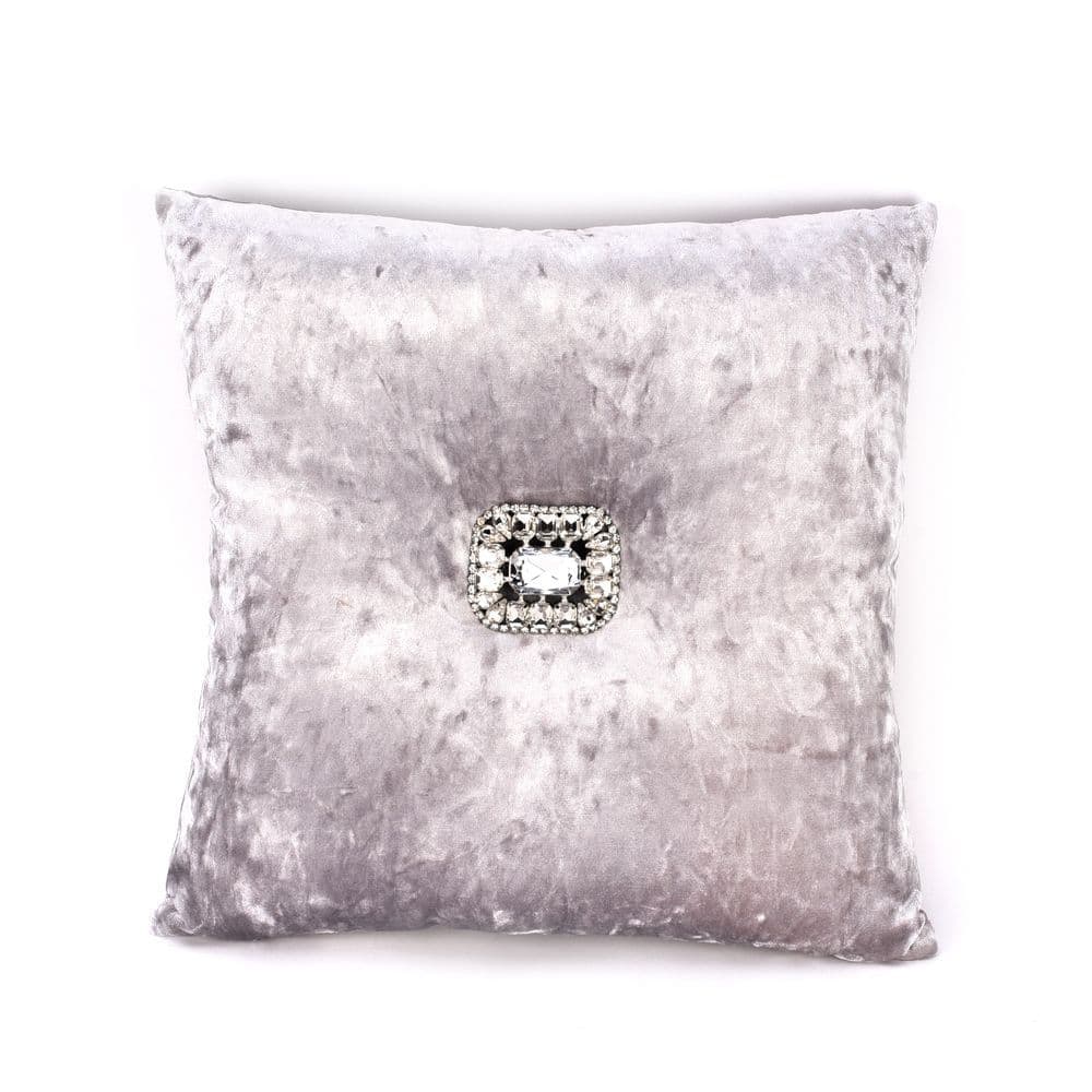 Silver Grey Crushed Velvet Scatter Cushion With Diamante Button Detail