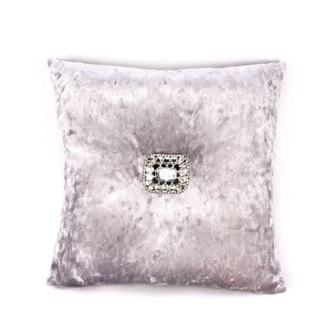 Silver Grey Crushed Velvet Scatter Cushion With Diamante Button