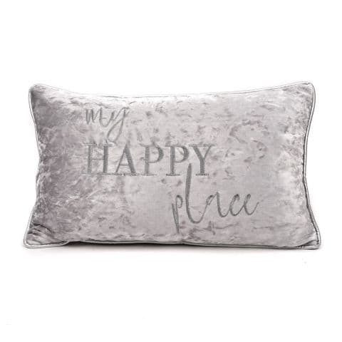 Silver Grey Crushed Velvet Scatter Cushion With Silver Embroidery 'My Happy Place'