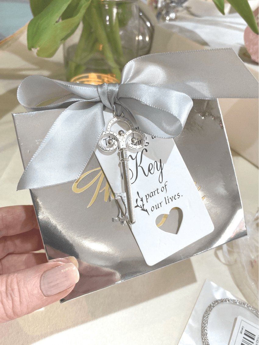 Silver Key part of our lives unique table Gift personalised wedding Favour with Choice Of Contents. Weddings, anniversary, engagement 25th anniversary corporate event table gift.