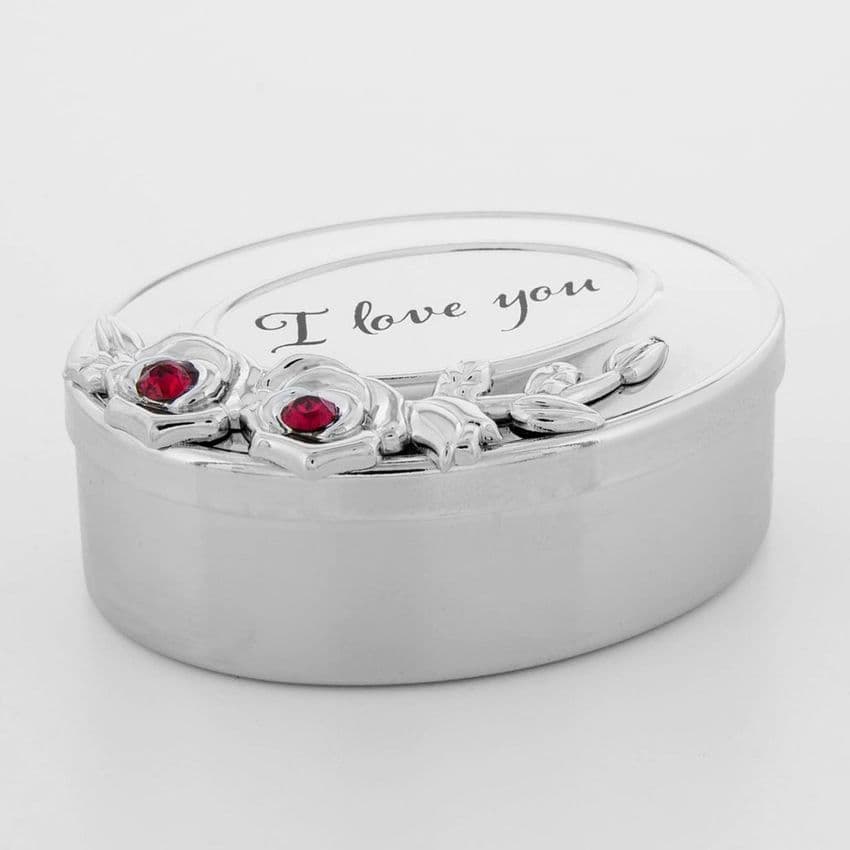 Silver Plated 'I Love You' Minature Trinket Box with Red Swarovski Crystals Ring Box Jewellery Box
