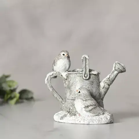 Snowy Scene Figurine with 2 Robins On A Watering Can Christmas Decoration