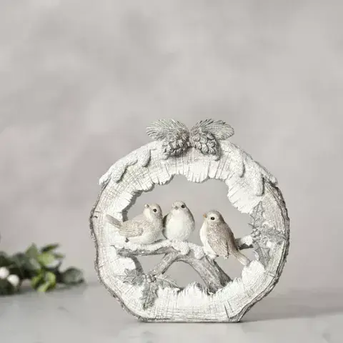 Snowy Scene Figurine with 3 Robins On A Branch Christmas Decoration