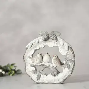 Snowy Scene Figurine with 3 Robins On A Branch Christmas Decoration