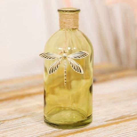 Soft Green Glass Bud Vase With Gold Dragonfly Charm