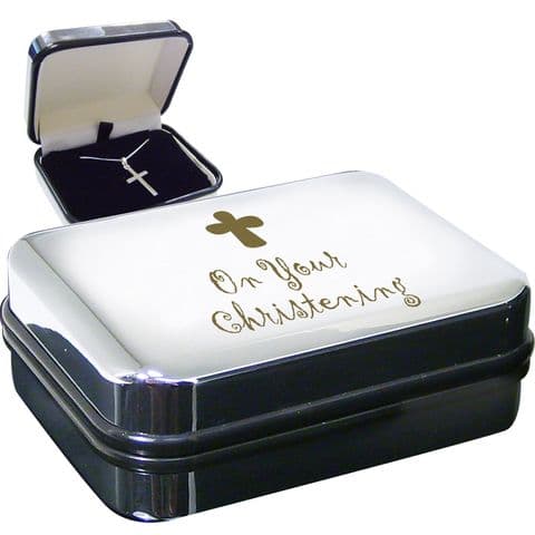 Sterling Silver Cross and Chain Christening gift presented in silvery christening Box