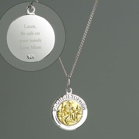 Sterling Silver & Gold Plated Personalised Engraved St. Christopher Necklace Gift