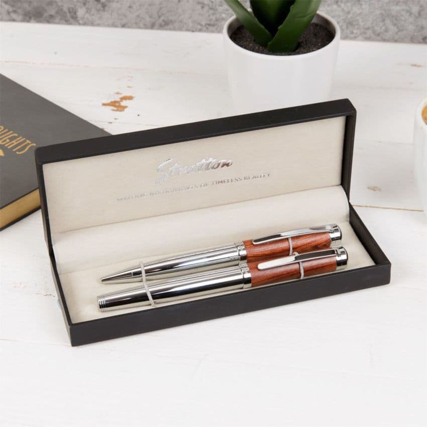 Stratton Luxury Wood and Chrome Rollerball and Ballpoint pen set gift