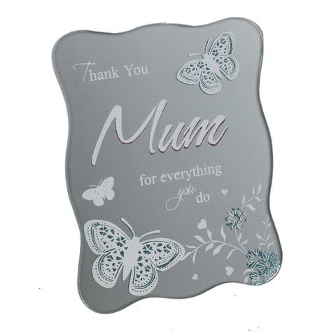 Thank You Mum Mirrored Gift Plaque With Butterfly Decoration Pink and Aqua