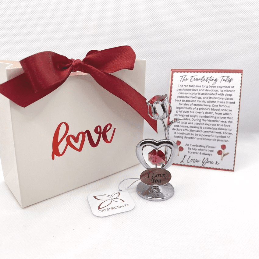 The Everlasting Tulip - I Love You Chrome Plated Tulip With Austrian Crystals Valentine and Anniversary gift for wife and girlfriend.