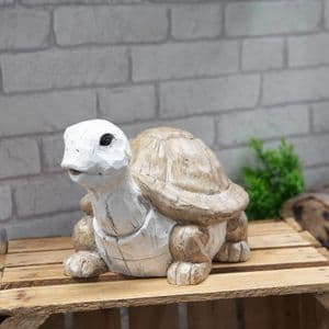 Tortoise Resin Garden Ornament Sculpture - Whitewashed Wood Effect Statue