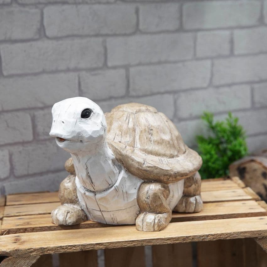 White Tortoise Unusual Garden Ornament - Whitewashed Wood Effect Statue For Outdoors and Indoors