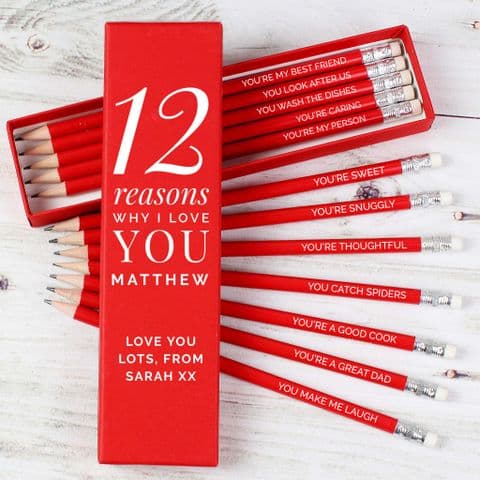 Unique Valentine '12 Reasons Why I Love You' Pencil Set Gift Personalised Message