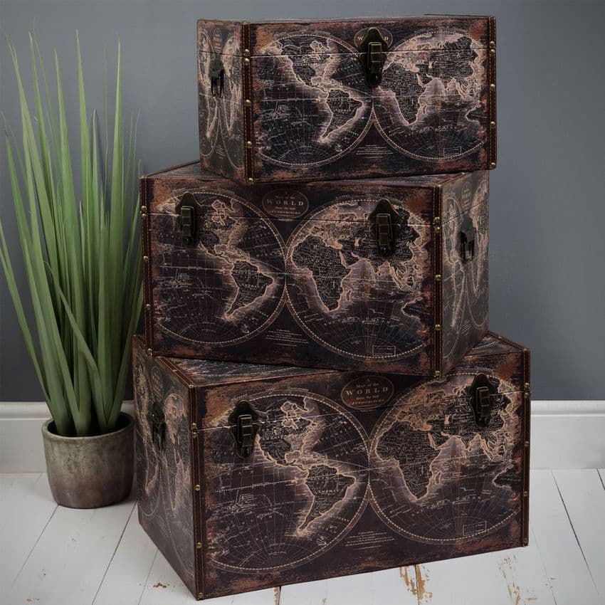 Vintage Cartography Design Storage Chests - Old Fashioned Map Of The World Storage Boxes for the home and office.