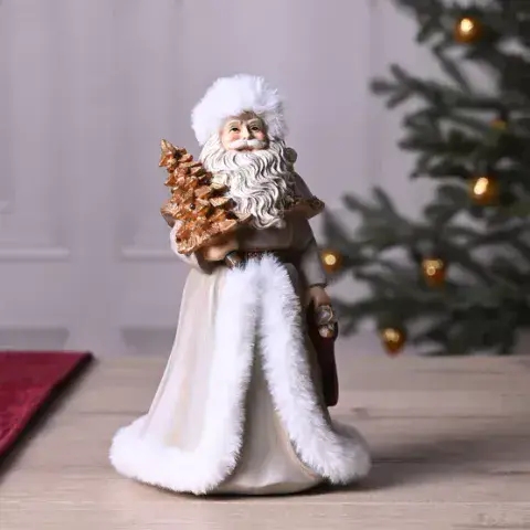 Vintage Look Traditional Santa Clause Christmas Figurine With Faux Fur