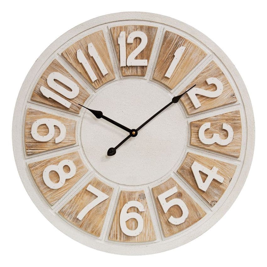 Large Size Washed White and Natural Wooden Wall Clock 50cm Diameter - Shabby Chic Country Style Wall Clock