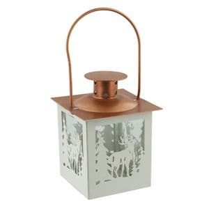 White and Copper Metal Christmas Lantern with Reindeer Cut Out Design Christmas Decorations