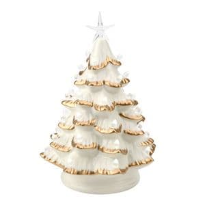 White and Gold Ceramic Light Up LED Christmas Tree Ornament Decoration 34cm