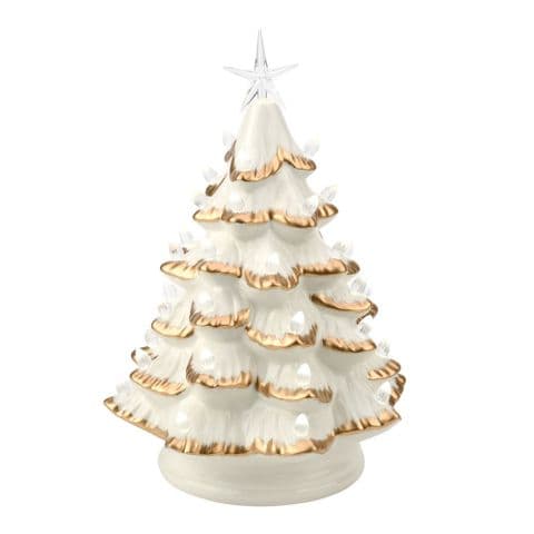 White and Gold Ceramic Light Up LED Christmas Tree Ornament Decoration 34cm
